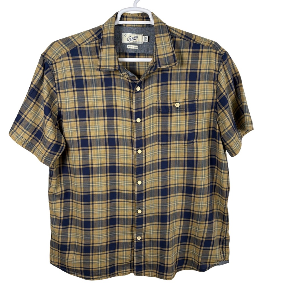 Grayers Button-Up Shirt Men's XL Tan Navy Plaid Cotton‎ Short-Sleeve Gorpcore